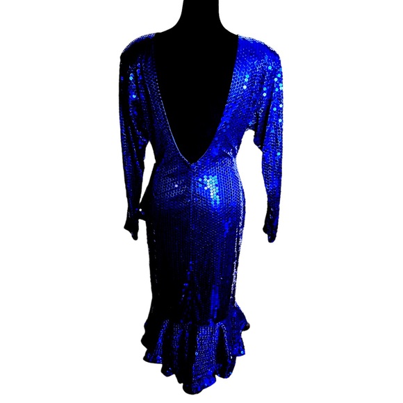 Vintage 80’s Ruffle Sequin Stretchy Low Back Evening Dress Blue NEW NWT - Picture 3 of 9